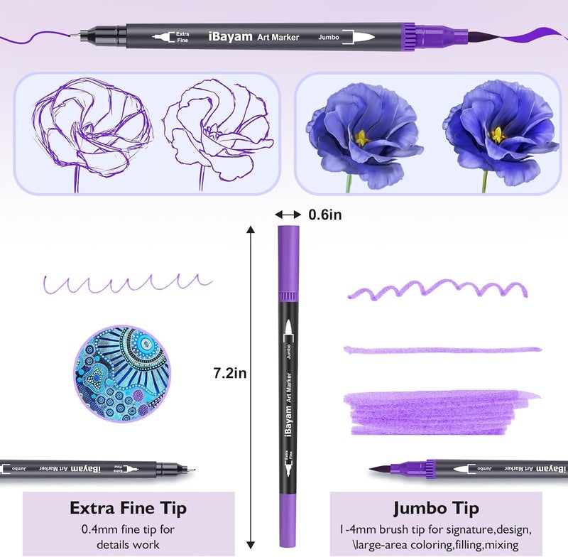 iBayam 72 Colors Dual Tip Brush Pens for Adult, Art Markers Set for Coloring Book, Note-Taking, Calligraphy, Journaling, Sketching, Painting, with Gift Case for Adult Teacher Art Supplies - Image 2